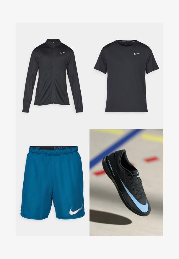 Juodas sportinis švarkas su ilgomis rankovėmis, apykakle ir pilnu užtrauktuku. Yra subtilus baltas Nike logotipas kairėje krūtinės pusėje. Lygus tekstūra.; Juodas Nike bėgimo marškinėlis, pagamintas iš lengvos, kvėpuojančios medžiagos, turintis trumpas rankoves ir mažą baltą logotipą ant krūtinės.; Mėlyni Nike sportiniai šortai su elastinga juosmens juosta ir baltu swoosh logotipu kairėje kojų pusėje prieš paprastą foną.; Juodas sportinis batelis su mėlynomis detalėmis, tekstūruota paviršius, raišteliais užsegamas dizainas ir išskirtinis Nike logotipas. Guminis padas su sukibimo raštais.