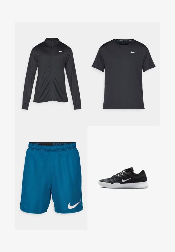 Fekete sportdzseki hosszú ujjal, gallérral és teljes cipzárral. Diszkrét fehér Nike logóval az upper bal mellen. Sima textúra.; Fekete Nike futó póló, könnyű, légáteresztő anyagból készült, rövid ujjú, és a mellkasán egy kicsi fehér logó található.; Kék Nike sportnadrág elasztikus derékkal és fehér swoosh logóval a bal lábon, egyszínű háttéren.; Fekete sportcipő texturált felsőrésszel, fehér Nike logóval és fehér gumitalppal. Fűzős kialakítással és dinamikus formával rendelkezik.