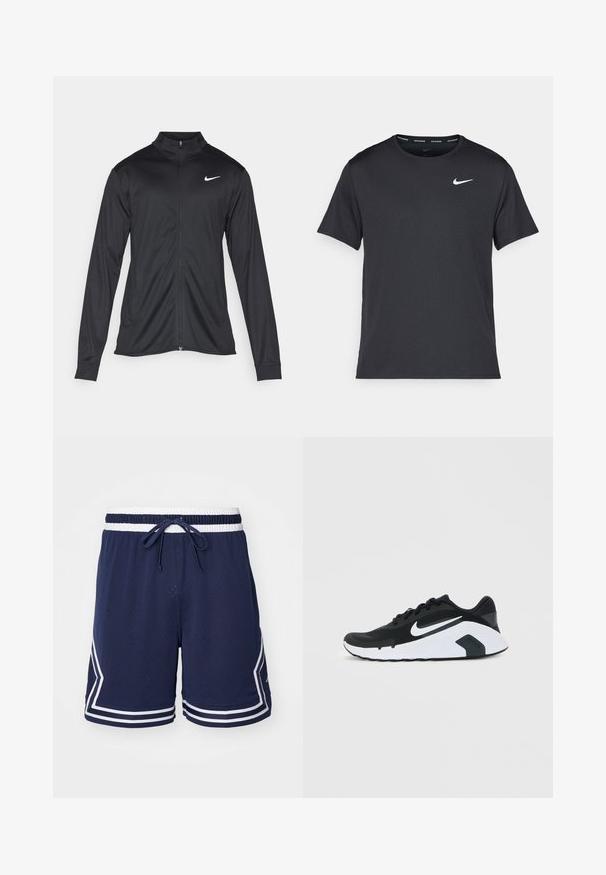 Černá sportovní bunda s dlouhými rukávy, límcem a plným zipem. Má decentní bílou logo značky Nike na horní levé části hrudi. Hladká textura.; Černé běžecké tričko Nike vyrobené z lehkého a prodyšného materiálu, s krátkými rukávy a malým bílým logem na hrudi.; Námořnické modré sportovní šortky, vyrobené z děrované tkaniny, mají bílé zakončení a stahovací pas. Navrženy v sportovním, prodyšném stylu.; Černo-bílá běžecká obuv Nike s bílým logem swoosh, šněrovací design a polstrovaná podrážka, zobrazená z boku na jednobarevném pozadí.