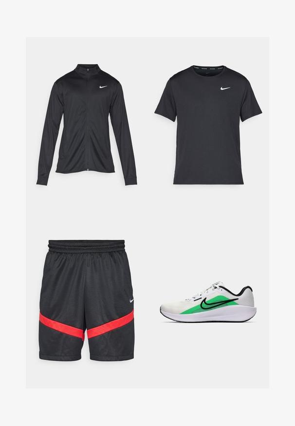 Fekete sportdzseki hosszú ujjal, gallérral és teljes cipzárral. Diszkrét fehér Nike logóval az upper bal mellen. Sima textúra.; Fekete Nike futó póló, könnyű, légáteresztő anyagból készült, rövid ujjú, és a mellkasán egy kicsi fehér logó található.; Nike Performance ICON SHORT - Sport rövidnadrágok - black/university red/white; Fehér sportcipő zöld akcentussal, fekete logóval, hálós felsőrésszel, párnázott talppal és kerek sarkú kialakítással. Felszereltségében fűzők és kontrasztos részletek találhatók.