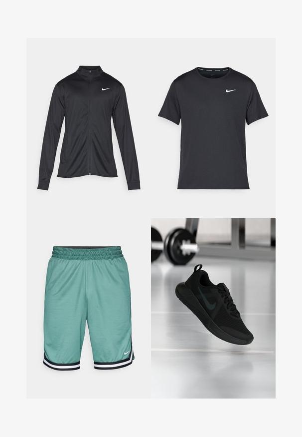 Svart idrottsjacka med långa ärmar, krage och full dragkedja. Har en diskret Nike-logga i vitt på övre vänstra bröstet. Slät yta.; Svart Nike löpeshirt i lätt, andningsbart material, med korta ärmar och en liten vit logotyp på bröstet.; Gröna mesh-idrottsshorts med svart elastisk midja, prydda med vita och svarta randiga detaljer vid fållen och en liten logotyp.; Svart sportskor med texturerad mesh-ovandel, gummisula och en framträdande mörk swoosh-logotyp. Har vadderad krage och snörningsdesign.