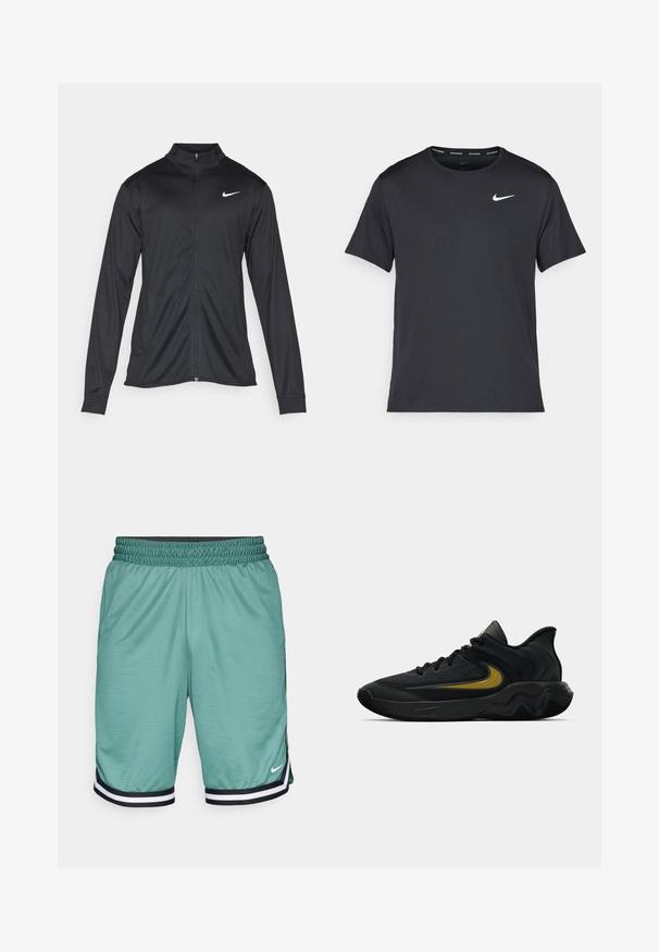 Melna sporta jaka ar garām piedurknēm, apkakli un pilnu rāvējslēdzēju. Uz kreisā krūts augšdaļas ir maigs Nike logo baltā krāsā. Gluda tekstūra.; Melna Nike skriešanas T-kreklā, kas izgatavots no viegla un elpojoša materiāla, ar īsām piedurknēm un mazu baltu logo uz krūtīm.; Zaļi sporta šorti ar melnu elastīgu jostu, pie kuriem ir baltas un melnas svītras apmalē un neliels logo.; Melna un tumši pelēka sporta apavu pāris ar melnām auklām un zelta Swoosh logo, ar viļņotu zolītes dizainu un polsterētu papēdi.