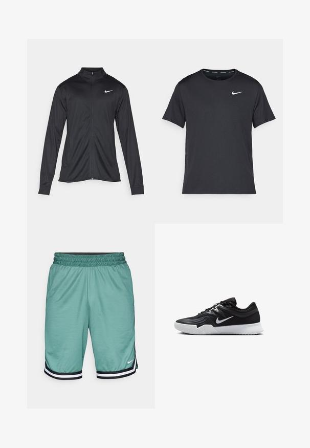 Giacca sportiva nera con maniche lunghe, colletto e zip completa. Presenta un logo Nike in bianco sulla parte superiore del lato sinistro del petto. Tessuto morbido.; Maglietta da corsa Nike nera realizzata in materiale leggero e traspirante, con maniche corte e un piccolo logo bianco sul petto.; Pantaloni sportivi a rete verdi con una cintura elastica nera, caratterizzati da accenti a strisce bianche e nere all'orlo e un piccolo logo.; Scarpa sportiva nera con tomaia testurizzata, logo Nike swoosh bianco e suola in gomma bianca. Presenta un design con lacci e una forma dinamica.