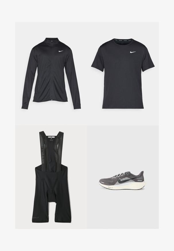 Juodas sportinis švarkas su ilgomis rankovėmis, apykakle ir pilnu užtrauktuku. Yra subtilus baltas Nike logotipas kairėje krūtinės pusėje. Lygus tekstūra.; Juodas Nike bėgimo marškinėlis, pagamintas iš lengvos, kvėpuojančios medžiagos, turintis trumpas rankoves ir mažą baltą logotipą ant krūtinės.; Juodos dviratininkų šortai su tinklelio diržais, paminkštinta sėdyne, aptakiu dizainu ir atspindinčiais akcentais. Tinka sportinei aprangai.; Pilkos ir baltos Nike Air Zoom bėgimo bateliai su juodu swoosh logotipu ir balta padu ant vientiso šviesaus fono.