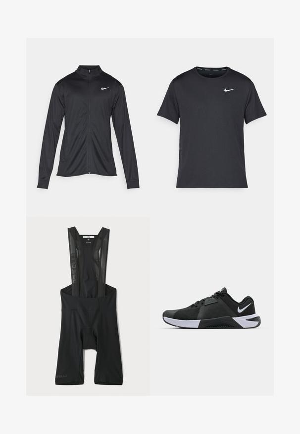 Fekete sportdzseki hosszú ujjal, gallérral és teljes cipzárral. Diszkrét fehér Nike logóval az upper bal mellen. Sima textúra.; Fekete Nike futó póló, könnyű, légáteresztő anyagból készült, rövid ujjú, és a mellkasán egy kicsi fehér logó található.; Fekete kerékpáros bib nadrág hálós pántokkal, párnázott üléssel, aerodinamikus kialakítással és fényvisszaverő részletekkel. Teljesítményorientált viselethez alkalmas.; Nike Performance METCON 10 - Edzőcipő - black/white/anthracite