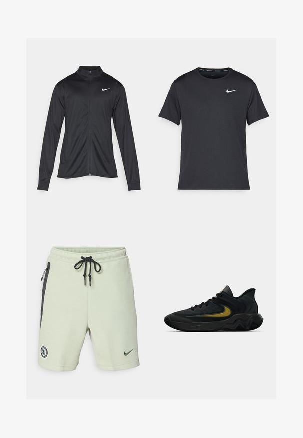 Black athletic jacket with long sleeves, collar, and full zipper. Features a subtle Nike logo in white on the upper left chest. Smooth texture.; Black Nike running T-shirt made of lightweight, breathable material, featuring short sleeves and a small white logo on the chest.; Light green sweat shorts with black accents, drawstring waist, side pockets, and embroidered Chelsea FC logo. Made from soft fabric.; Black and dark gray athletic shoe with black laces and gold swoosh logo, featuring a wavy sole design and padded heel collar.