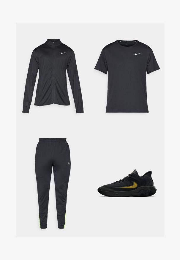 Schwarze Sportjacke mit langen Ärmeln, Kragen und voller Reißverschluss. Verfügt über ein dezentes Nike-Logo in Weiß auf der oberen linken Brust. Glatte Textur.; Schwarzes Nike Lauft-Shirt aus leichtem, atmungsaktivem Material, mit kurzen Ärmeln und einem kleinen weißen Logo auf der Brust.; Schwarze Sporthosen mit tailliertem Design, elastischem Bund und leuchtend grünen Akzenten an der Seite. Hergestellt aus glattem, leichtem Material.; Schwarzer und dunkelgrauer Sportschuh mit schwarzen Schnürsenkeln und goldenem Swoosh-Logo, ausgestattet mit einem gewellten Sohlen design und gepolstertem Fersenkragen.
