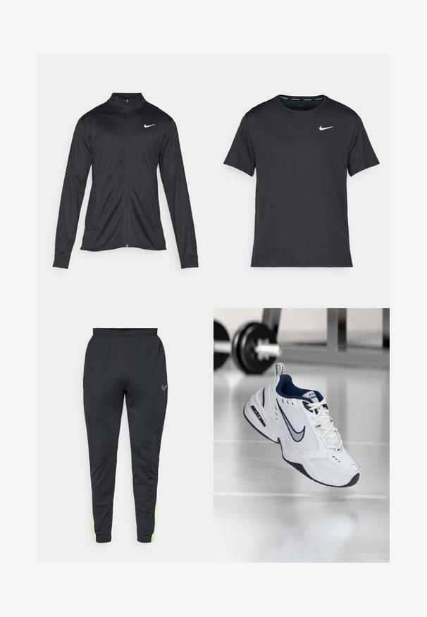 Fekete sportdzseki hosszú ujjal, gallérral és teljes cipzárral. Diszkrét fehér Nike logóval az upper bal mellen. Sima textúra.; Fekete Nike futó póló, könnyű, légáteresztő anyagból készült, rövid ujjú, és a mellkasán egy kicsi fehér logó található.; Fekete sportnadrág, amelynek klasszikus, szűkített szabása van, rugalmas derékpánttal és élénk zöld díszítéssel az oldalon. Simítás, könnyű anyagból készült.; Fehér sportcipő sötétkék akcentussal, hálós és bőr felső résszel, megerősített orral és fekete gumitalppal. Jellemzője a jellegzetes Nike márkázás.