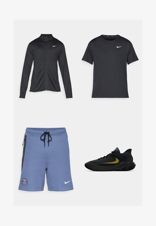 Must värvi sportlik jakk pikkade varrukatega, krae ja täispikk tõmblukk. Ülemises vasakus rinnas on diskreetne valge Nike logo. Sile tekstuur.; Mustamust Nike'i jooksupaita, mis on valmistatud kergest ja hingavast materjalist, lühikeste varrukatega ja mille rinnal on väike valge logo.; Sinised sportlikud lühikesed püksid, mis on valmistatud pehmest kangast, mustade külgekinnitusette, kummist vöökoht ja Paris Saint-Germaini logo vasakul küljel.; Mustmust värvi ja tumeda halli sportlik king, millel on mustad paelad ja kuldne swooshi logo, ning laineline tald ja pehmendatud kand.
