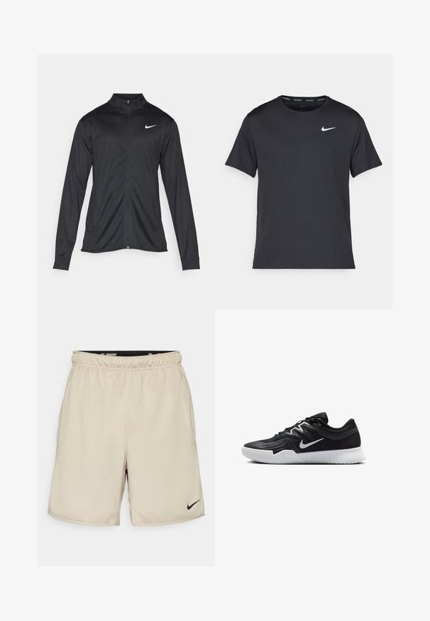 Melna sporta jaka ar garām piedurknēm, apkakli un pilnu rāvējslēdzēju. Uz kreisā krūts augšdaļas ir maigs Nike logo baltā krāsā. Gluda tekstūra.; Melna Nike skriešanas T-kreklā, kas izgatavots no viegla un elpojoša materiāla, ar īsām piedurknēm un mazu baltu logo uz krūtīm.; Beige sporta šorti, izgatavoti no viegla auduma ar elastīgu jostasvietu, ar mazu melnu Nike logo kreisajā apakšējā stūrī.; Melni sporta apavi ar teksturētu virsu, balto Nike zulumu un balto gumijas zoli. Iezīmējas ar auklu pievilkšanas dizainu un dinamisku formu.