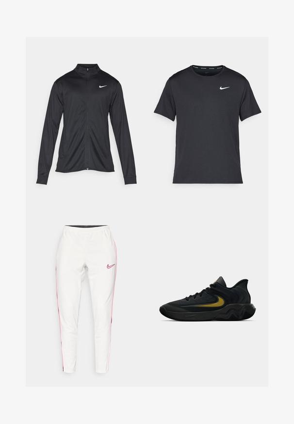 Black athletic jacket with long sleeves, collar, and full zipper. Features a subtle Nike logo in white on the upper left chest. Smooth texture.; Black Nike running T-shirt made of lightweight, breathable material, featuring short sleeves and a small white logo on the chest.; Nike white track pants with pink side stripes and logo. Elastic waistband, tapered leg design, smooth texture, suitable for athletic wear.; Black and dark gray athletic shoe with black laces and gold swoosh logo, featuring a wavy sole design and padded heel collar.