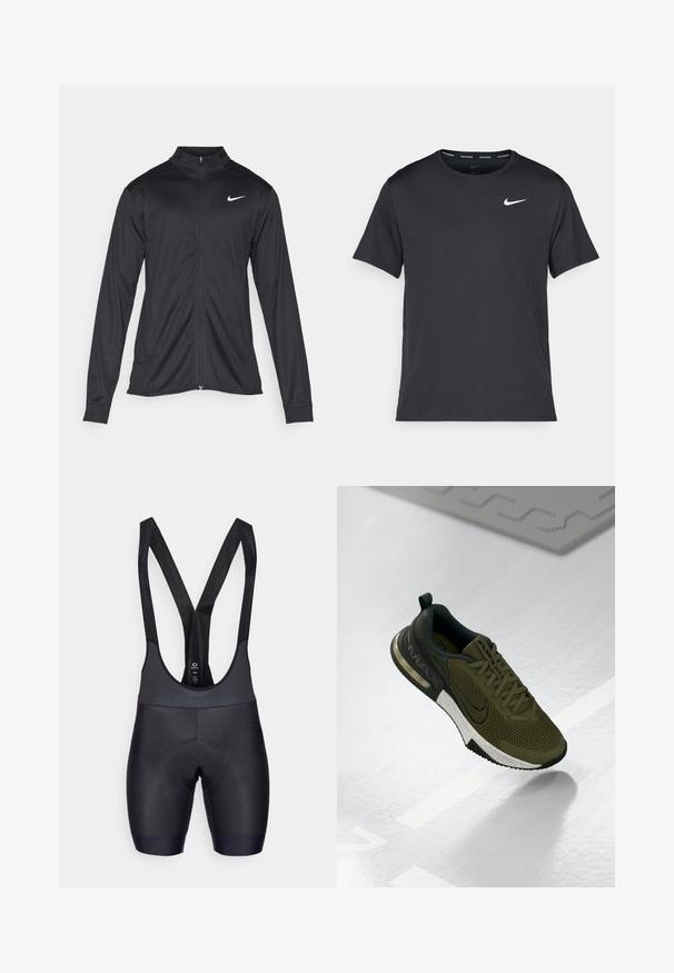 Must värvi sportlik jakk pikkade varrukatega, krae ja täispikk tõmblukk. Ülemises vasakus rinnas on diskreetne valge Nike logo. Sile tekstuur.; Mustamust Nike'i jooksupaita, mis on valmistatud kergest ja hingavast materjalist, lühikeste varrukatega ja mille rinnal on väike valge logo.; Mustad musta värvi jalgratturi lühikesed püksid tekstureeritud kangast, pehme vooder mugavuse tagamiseks ja reguleeritavad õlapaelad. Sile viimistlus ja keha lähedane disain.; Olive roheline treeningjalanõud, millel on võrgust pealne, mustad aktsendid ja valge laiguline vahekeha. Omab ümarat varvast ja kanna pehmendust.