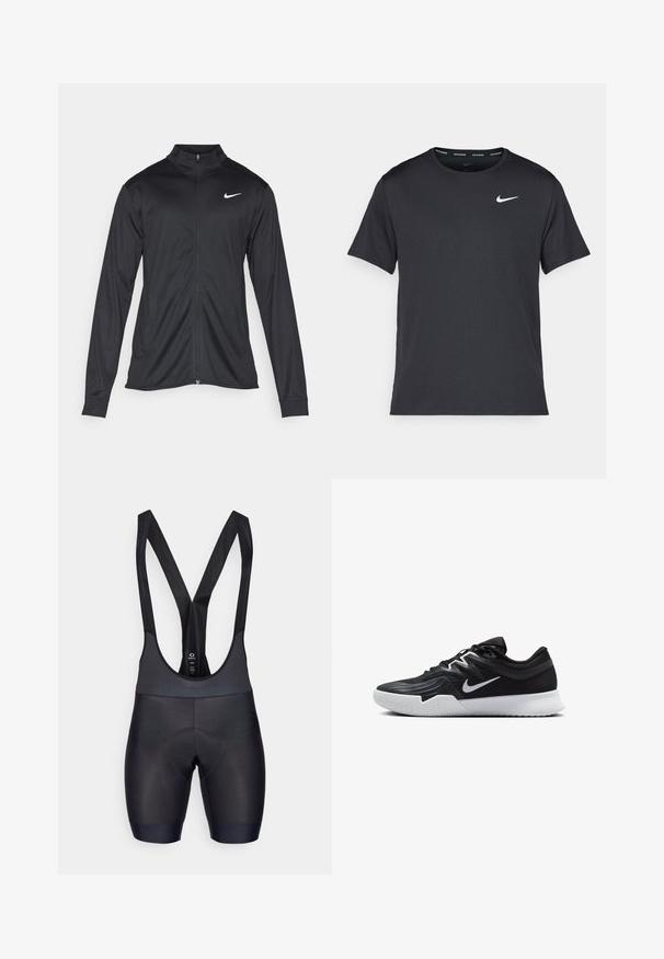 Juodas sportinis švarkas su ilgomis rankovėmis, apykakle ir pilnu užtrauktuku. Yra subtilus baltas Nike logotipas kairėje krūtinės pusėje. Lygus tekstūra.; Juodas Nike bėgimo marškinėlis, pagamintas iš lengvos, kvėpuojančios medžiagos, turintis trumpas rankoves ir mažą baltą logotipą ant krūtinės.; Juodos dviratininkų šortai su tekstūruota medžiaga, paminkštinta chamois dalimi komfortui ir reguliuojamomis petnešomis. Lygus paviršių ir prigludusi dizainas.; Juodos sportinės bateliai su tekstūruota viršutine dalimi, balta Nike swoosh ir balta gumine išorine dalimi. Yra su raištelių užsegimo dizainu ir dinamine forma.