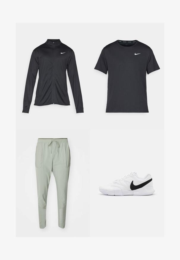 Fekete sportdzseki hosszú ujjal, gallérral és teljes cipzárral. Diszkrét fehér Nike logóval az upper bal mellen. Sima textúra.; Fekete Nike futó póló, könnyű, légáteresztő anyagból készült, rövid ujjú, és a mellkasán egy kicsi fehér logó található.; Nike Performance PHENOM RUNNING DIVISION - Tréningruha alsók - jade horizon/silver; Fehér sportcipők texturált felsőrésszel, fekete Nike logóval, párnázott bokarésszel és egy masszív gumitalppal, mintázott futófelülettel.