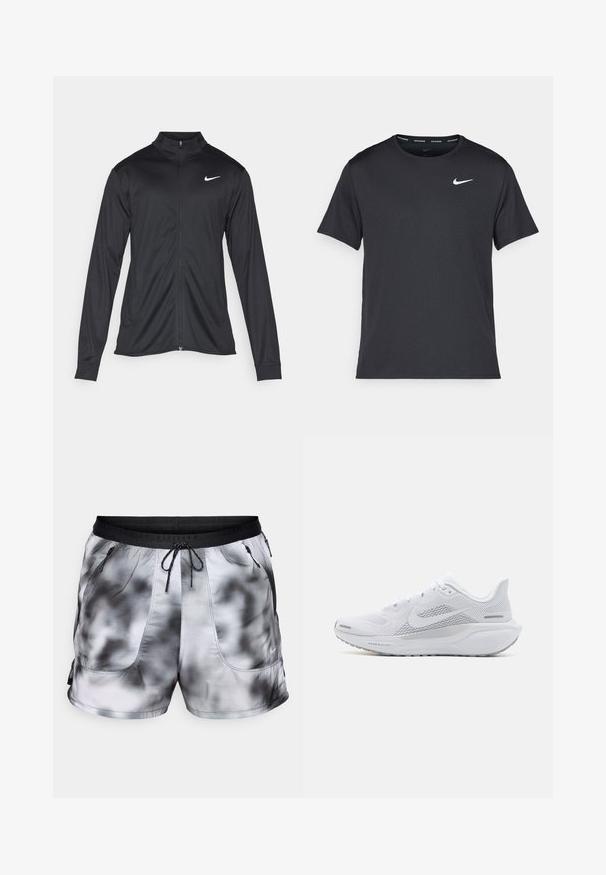 Jachetă sportivă neagră cu mâneci lungi, guler și fermoar complet. Prezintă un logo Nike subtil, alb, pe pieptul din stânga sus. Textură netedă.; Tricou de alergare Nike negru, fabricat dintr-un material ușor și respirabil, cu mâneci scurte și un mic logo alb pe piept.; Șorturi atletice pentru bărbați, cu un model tie-dye în alb și negru. Fabricate dintr-un material ușor și respirabil, cu două buzunare cu fermoar și talie ajustabilă cu șnur.; Pantofii sport albi cu un superior din plasă, suprapărți cu textură netedă, accente gri, șireturi și o talpă căptușită, concepuți pentru performanță.