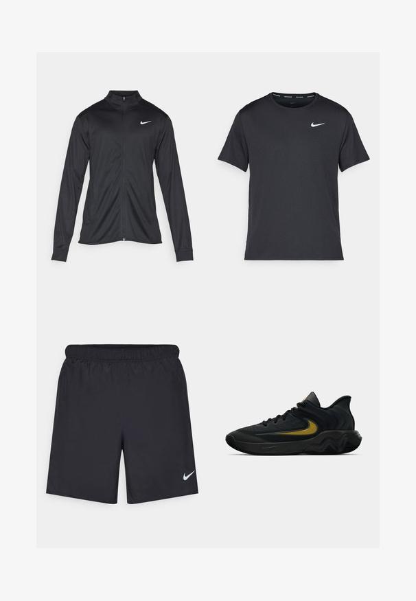 Jachetă sportivă neagră cu mâneci lungi, guler și fermoar complet. Prezintă un logo Nike subtil, alb, pe pieptul din stânga sus. Textură netedă.; Tricou de alergare Nike negru, fabricat dintr-un material ușor și respirabil, cu mâneci scurte și un mic logo alb pe piept.; Pantaloni scurți atletici negri, fabricați dintr-un material ușor, cu un talie elastică. Au un mic logo alb Nike în partea stângă jos.; Pantofii sport negri și gri închis, cu șireturi negre și logo-ul aurit sub formă de swoosh, având un design al tălpii în valuri și un guler căptușit la călcâi.