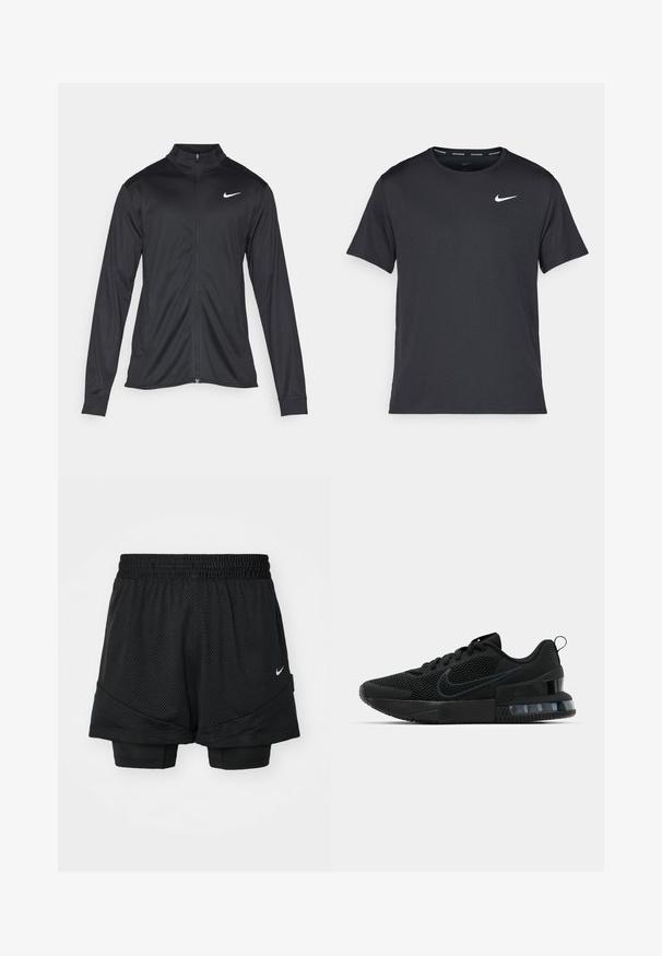 Črna atletska jakna z dolgimi rokavi, ovratnikom in polnim zadrgo. Vključuje diskreten bel Nike logotip na zgornjem levem delu prsnega koša. Gladka tekstura.; Črna tekaška majica Nike, izdelana iz lahkega in zračnega materiala, z kratkimi rokavi in majhnim belim logotipom na prsih.; Črne atletske kratke hlače imajo mrežasto zunanje plast in oprijete notranje hlače. Elastičen pas je dopolnjen z majhnim belim logotipom.; Črne atletske tenisice Nike z mrežno zgornjico, gumijastim podplatom, oblazinjenim ovratnikom in značilnim prozornim poudarkom na peti.