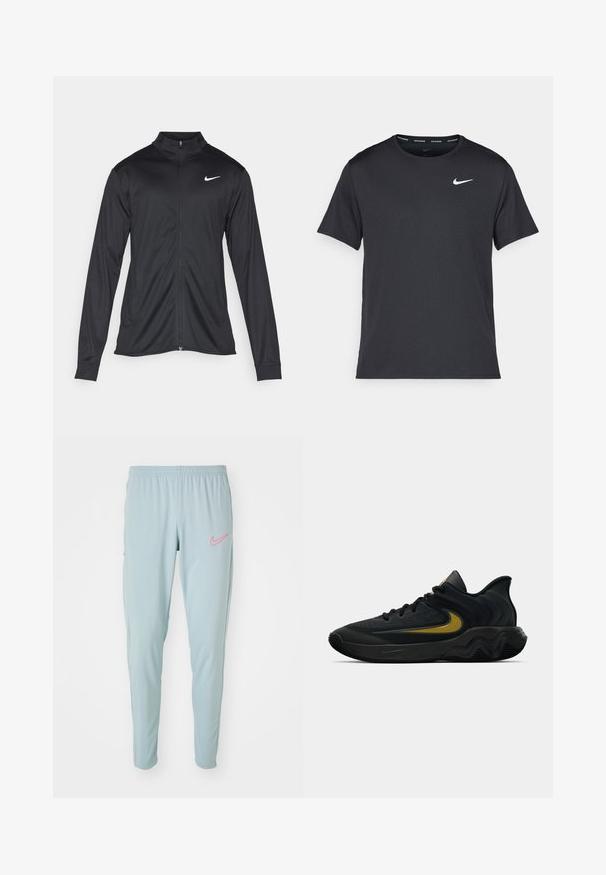 Černá sportovní bunda s dlouhými rukávy, límcem a plným zipem. Má decentní bílou logo značky Nike na horní levé části hrudi. Hladká textura.; Černé běžecké tričko Nike vyrobené z lehkého a prodyšného materiálu, s krátkými rukávy a malým bílým logem na hrudi.; Světle modré sportovní kalhoty Nike mají elastický pas, slim fit a růžové akcenty s logem. Hladká textura s bočními kapsami.; Černá a tmavě šedá sportovní obuv s černými tkaničkami a zlatým logem ve tvaru síťoviny, s vlnitým designem podrážky a polstrovaným límcem kolem paty.