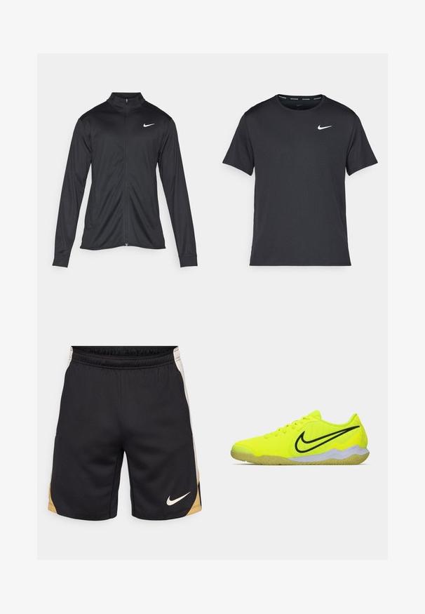Must värvi sportlik jakk pikkade varrukatega, krae ja täispikk tõmblukk. Ülemises vasakus rinnas on diskreetne valge Nike logo. Sile tekstuur.; Mustamust Nike'i jooksupaita, mis on valmistatud kergest ja hingavast materjalist, lühikeste varrukatega ja mille rinnal on väike valge logo.; Mustad lühikesed püksid tekstuuri viimistlusega, vasakul küljel kuldne aksent ja alumisel paremal pool brodeeritud valge Nike logo.; Neoonkollased sportlikud kingad, millel on tekstuuriga pealisosa, must Nike'i swoosh ja kummine välistald, mis on varustatud madala profiiliga disaini ja nöörkinnitusseg.