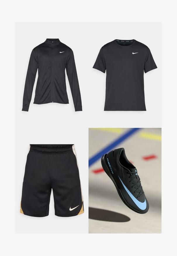Jacket desportivo preto com mangas longas, colarinho e fecho zip completo. Apresenta um discreto logotipo da Nike em branco na parte superior do lado esquerdo do peito. Textura suave.; T-shirt de corrida Nike preto, feito de material leve e respirável, com mangas curtas e um pequeno logo branco no peito.; Calções pretos com um acabamento texturizado, apresentando um detalhe em dourado no lado esquerdo e um logo Nike bordado em branco na parte inferior direita.; Shoe atlético preto com detalhes azuis, superfície texturizada, design de atacadores e logótipos distintivos da Nike. Sola em borracha com padrões de aderência.