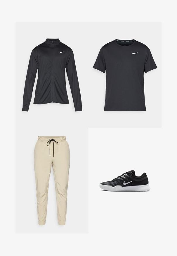 Chaqueta atlética negra con mangas largas, collar y cremallera completa. Presenta un sutil logo de Nike en blanco en la parte superior izquierda del pecho. Textura suave.; Camiseta de running negra de Nike, hecha de material ligero y transpirable, con mangas cortas y un pequeño logo blanco en el pecho.; Nike Performance UNLIMITED PANT - Pantalones deportivos - desert khaki/black; Zapatilla deportiva negra con parte superior texturizada, logo de Nike en blanco y suela de goma blanca. Tiene un diseño con cordones y una forma dinámica.