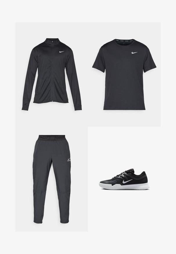 Black athletic jacket with long sleeves, collar, and full zipper. Features a subtle Nike logo in white on the upper left chest. Smooth texture.; Black Nike running T-shirt made of lightweight, breathable material, featuring short sleeves and a small white logo on the chest.; Nike Pro pants in dark gray, featuring a black elastic waistband with "PRD" and "NIKE PRO" text, smooth fabric, tapered design, and subtle stitching details.; Black athletic shoe with a textured upper, white Nike swoosh, and a white rubber outsole. Features a lace-up design and dynamic shape.