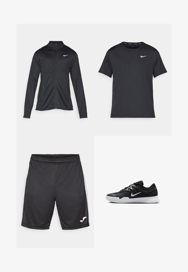 Crna sportska jakna s dugim rukavima, ovratnikom i punim patentnim zatvaračem. Ima suptilan Nike logo u bijeloj boji na gornjem lijevom dijelu prsne oznake. Glatka tekstura.; Crna Nike majica za trčanje napravljena od laganog, prozračnog materijala, s kratkim rukavima i malim bijelim logotipom na prsima.; Crne atletske kratke hlače s glatkom teksturom, s bijelim bočnim trakama i logotipom na donjem rubu. Elastična naramenica za udobnost.; Crna sportska cipela s teksturiranim gornjim dijelom, bijelim Nike swooshom i bijelim gumennim potplatom. Ima dizajn s vezanjem i dinamičan oblik.