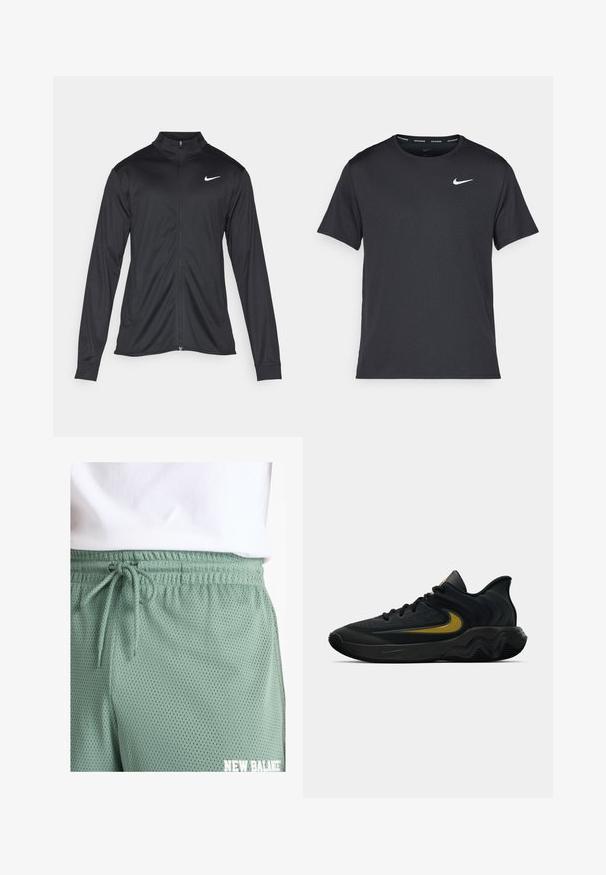 Juodas sportinis švarkas su ilgomis rankovėmis, apykakle ir pilnu užtrauktuku. Yra subtilus baltas Nike logotipas kairėje krūtinės pusėje. Lygus tekstūra.; Juodas Nike bėgimo marškinėlis, pagamintas iš lengvos, kvėpuojančios medžiagos, turintis trumpas rankoves ir mažą baltą logotipą ant krūtinės.; Šviesiai žali tinkliniai šortai su elastine juosta ir raišteliu. Su mažais perforacijomis, užtikrinančiomis oro pralaidumą, ir baltu logotipo akcentu.; Juodos ir tamsiai pilkos sportinės bateliai su juodais raišteliais ir auksiniu šypsenėlių logotipu, turintys bangos formos pado dizainą ir paminkštintą kulkšnies apykaklę.