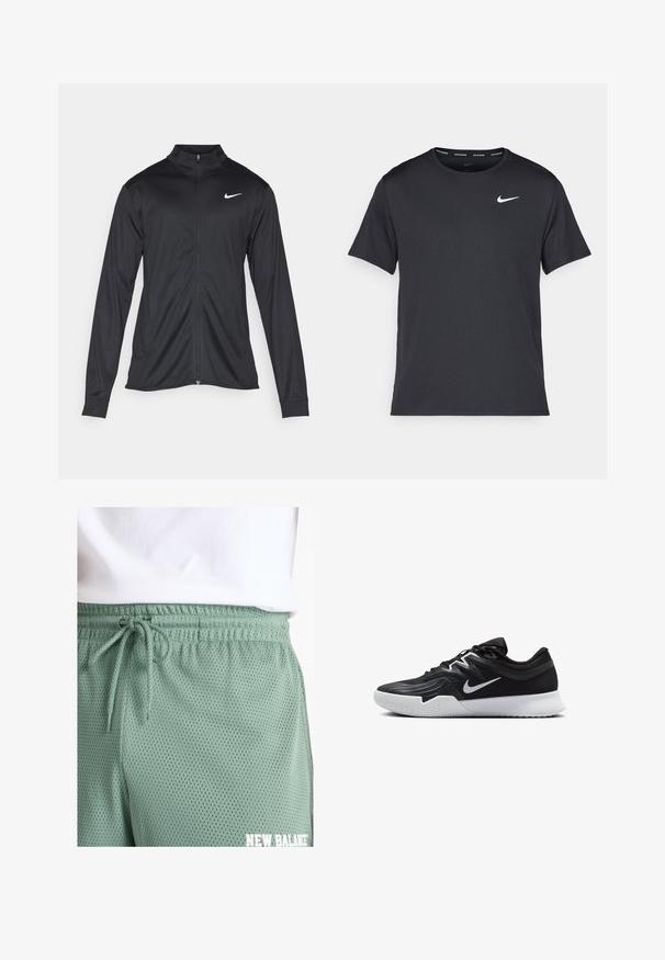 Svart idrettsjakke med lange ermer, krage og full glidelås. Har en subtil Nike-logo i hvitt på øvre venstre bryst. Glatt tekstur.; Svart Nike løpe-T-skjorte laget av lett, pustende stoff, med korte ermer og en liten hvit logo på brystet.; Lys grønne netshorts med elastisk talje og snore. Har små perforeringer for pusteevne og hvidt logo-detalje.; Svart treningssko med teksturert overdel, hvit Nike-swoosh og hvit gummisåle. Har snøring og en dynamisk form.