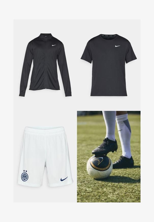 Veste de sport noire à manches longues, avec col et fermeture éclair intégrale. Présente un logo Nike subtil en blanc sur le côté supérieur gauche de la poitrine. Texture lisse.; T-shirt de course noir Nike en matériau léger et respirant, avec des manches courtes et un petit logo blanc sur la poitrine.; Shorts de sport blancs en tissu léger avec un logo bleu brodé et deux étoiles sur le bas de la jambe gauche.; Crampons de football noirs sur un ballon de football à motifs noir et blanc, reposant sur de l'herbe verte. Les crampons présentent un matériau texturé et des lacets.