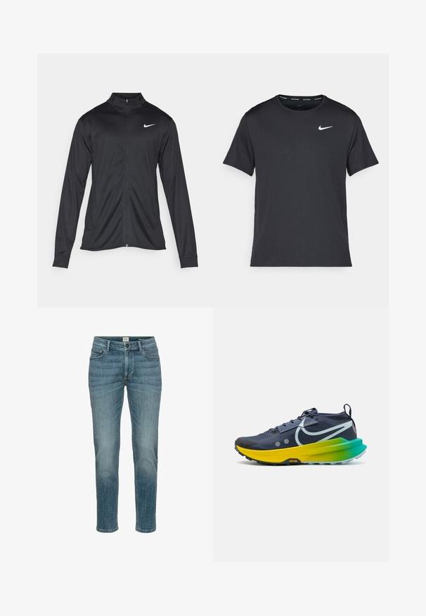 Veste de sport noire à manches longues, avec col et fermeture éclair intégrale. Présente un logo Nike subtil en blanc sur le côté supérieur gauche de la poitrine. Texture lisse.; T-shirt de course noir Nike en matériau léger et respirant, avec des manches courtes et un petit logo blanc sur la poitrine.; Jean en denim bleu clair avec une coupe regular, jambe droite, design à cinq poches et texture légèrement délavée. Il possède une fermeture à bouton et à zip.; Baskets de course navy avec une tige respirante, semelle intermédiaire dégradée jaune et verte, et semelle extérieure noire ; arbore le logo Nike et celui de Vibram.