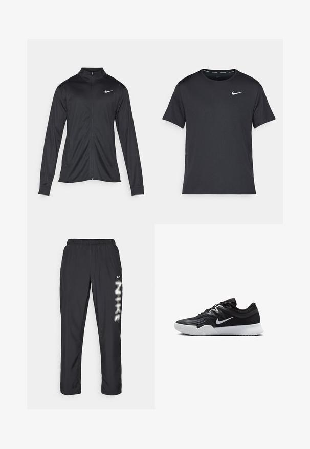 Sort atletisk jakke med lange ærmer, krave og fuld lynlås. Har et diskret Nike-logo i hvidt på den øverste venstre side af brystet. Glat tekstur.; Sort Nike løbe T-shirt lavet af let, åndbart materiale, med korte ærmer og et lille hvidt logo på brystet.; Sorte træningsbukser med elastisk talje, sidelommer og et hvidt Nike-logo-design på venstre ben. Glat stoftekstur.; Sort atletiksko med en tekstureret overdel, hvid Nike swoosh og en hvid gummisål. Har en snørret design og dynamisk form.