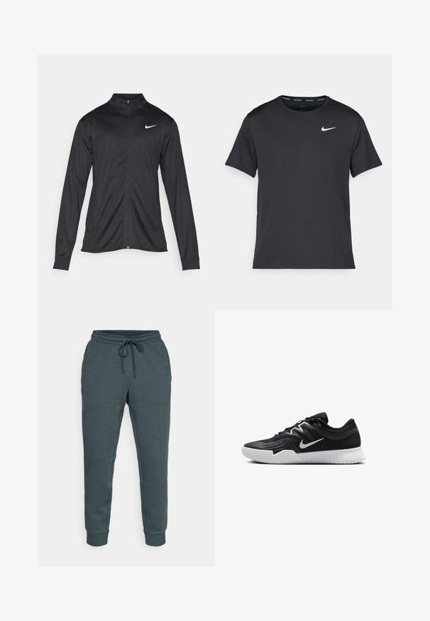 Čierna športová bunda s dlhými rukávmi, golierom a plným zipsom. Obsahuje nenápadné logo Nike v bielej farbe na hornej ľavej hrudi. Hladká textúra.; Čierne bežecké tričko Nike vyrobené z ľahkého a priedušného materiálu, s krátkymi rukávmi a malým bielym logom na hrudi.; Tmavé šedé tepláky s elastickým pásom a šnúrkou na stiahnutie. Obsahujú bočné vrecká a zúžené manžety pri členkoch. Mäkka štruktúra.; Čierna športová topánka s textúrovaným zvrškom, bielym logom Nike a bielou gumovou podrážkou. Má šnurovací dizajn a dynamický tvar.