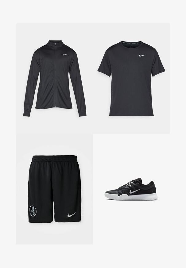 Must värvi sportlik jakk pikkade varrukatega, krae ja täispikk tõmblukk. Ülemises vasakus rinnas on diskreetne valge Nike logo. Sile tekstuur.; Mustamust Nike'i jooksupaita, mis on valmistatud kergest ja hingavast materjalist, lühikeste varrukatega ja mille rinnal on väike valge logo.; Mustad mustad lühikesed püksid, mis on valmistatud kerge materjali, paindliku vöökohtiga, külgedel lõhedega, valge Nike logo ja ümmarguse CFC embleemiga.; Must mustad jalanikesad rikaste ülaservaga, valge Nike swoosh'i ja valge kummist välispõhjaga. Omab paeltega sulgemisdetaili ja dünaamilist kuju.