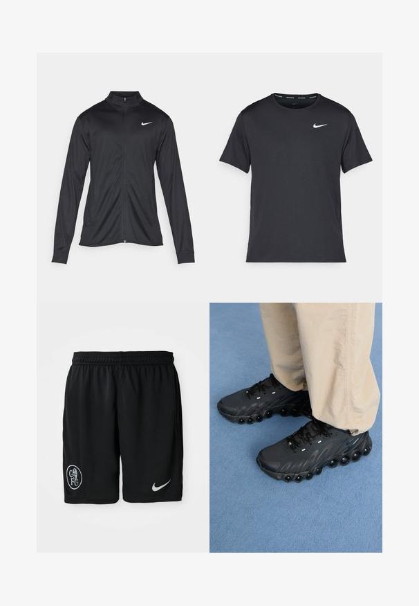 Svart idrettsjakke med lange ermer, krage og full glidelås. Har en subtil Nike-logo i hvitt på øvre venstre bryst. Glatt tekstur.; Svart Nike løpe-T-skjorte laget av lett, pustende stoff, med korte ermer og en liten hvit logo på brystet.; Sorte idrettsshorts laget av lett materiale, med elastisk liv, sidespalter, en hvit Nike-logo og et rundt CFC-emblem.; Sorte treningssko med en teksturert overdel, buet såle og distinkte luftputer langs bunnen. Har lisser og reflekterende detaljer.
