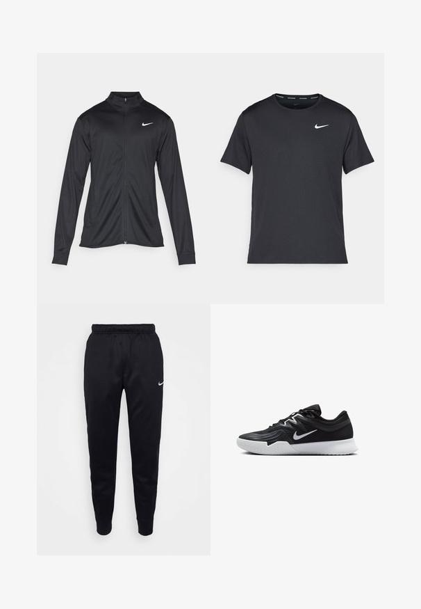 Musta urheilutakki pitkillä hihoilla, kauluksella ja kokonaisella vetoketjulla. Täydentää hienovarainen Nike-logo valkoisena vasemmassa ylärinnassa. Litteä pinta.; Musta Nike juoksupaita, joka on valmistettu kevyestä ja hengittävästä materiaalista. Paidassa on lyhyet hihnat ja pieni valkoinen logo rinnassa.; Mustat Nike-housut, joissa on joustava vyötärö, kapenevat lahkeet ja hienovarainen logoakseli. Valmistettu sileästä kankaasta yksinkertaisella muotoilulla.; Musta urheilukenkä, jossa on teksturoitu päällinen, valkoinen Nike-tikkaus ja valkoinen kumipohja. Kenkässä on nauhakuji ja dynaaminen muoto.