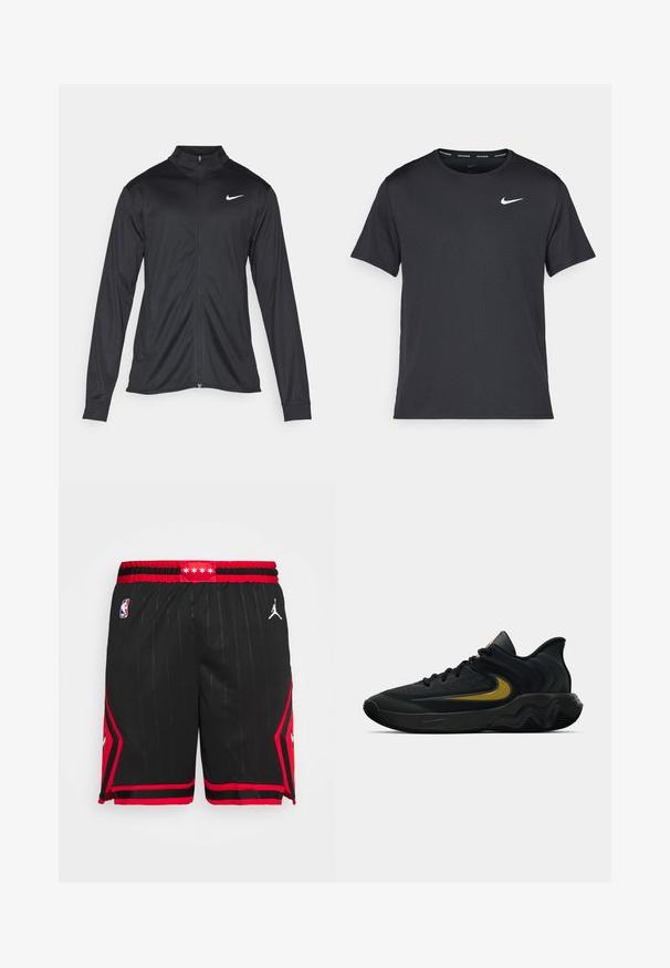 Jacket desportivo preto com mangas longas, colarinho e fecho zip completo. Apresenta um discreto logotipo da Nike em branco na parte superior do lado esquerdo do peito. Textura suave.; T-shirt de corrida Nike preto, feito de material leve e respirável, com mangas curtas e um pequeno logo branco no peito.; Calções de basquetebol pretos com detalhes vermelhos e riscas, apresentando um logo da Jordan e um patch da NBA na cintura. Design de alto contraste.; Tênis atlético preto e cinza escuro com cadarços pretos e logotipo swoosh dourado, apresentando um design de sola ondulada e colarinho acolchoado no calcanhar.