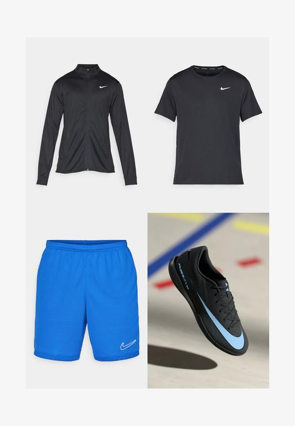 Black athletic jacket with long sleeves, collar, and full zipper. Features a subtle Nike logo in white on the upper left chest. Smooth texture.; Black Nike running T-shirt made of lightweight, breathable material, featuring short sleeves and a small white logo on the chest.; Blue athletic shorts with an elastic waistband, made of smooth fabric. Features white Nike logo on the lower right side and mesh accents.; Black athletic shoe with blue accents, textured surface, lace-up design, and distinctive Nike logo. Rubber sole with grip patterns.