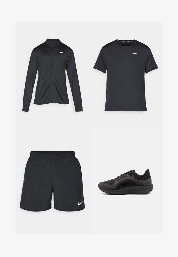 Must värvi sportlik jakk pikkade varrukatega, krae ja täispikk tõmblukk. Ülemises vasakus rinnas on diskreetne valge Nike logo. Sile tekstuur.; Mustamust Nike'i jooksupaita, mis on valmistatud kergest ja hingavast materjalist, lühikeste varrukatega ja mille rinnal on väike valge logo.; Mustad mustad treeningpüksid, mis on valmistatud kergest kangast, elastse vöökoha ja valge Nike logoga vasakus allnurgas.; Must have mustandusega mustad sportlikud jalanõud, millel on tekstuurne tikandiga ülemine osa, nutikas disain ja must kummist tallad. Omab nähtavat logo ning Gore-Tex brändingut.