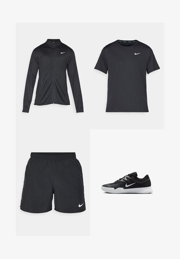 Jachetă sportivă neagră cu mâneci lungi, guler și fermoar complet. Prezintă un logo Nike subtil, alb, pe pieptul din stânga sus. Textură netedă.; Tricou de alergare Nike negru, fabricat dintr-un material ușor și respirabil, cu mâneci scurte și un mic logo alb pe piept.; Shorts sportive negre dintr-un material ușor, cu o talie elastică și un logo alb Nike pe partea inferioară stângă.; Pantof sport negru cu un superior texturat, swoosh alb Nike și o tălpică din cauciuc alb. Dispune de un design cu șireturi și o formă dinamică.