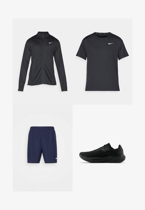 Melna sporta jaka ar garām piedurknēm, apkakli un pilnu rāvējslēdzēju. Uz kreisā krūts augšdaļas ir maigs Nike logo baltā krāsā. Gluda tekstūra.; Melna Nike skriešanas T-kreklā, kas izgatavots no viegla un elpojoša materiāla, ar īsām piedurknēm un mazu baltu logo uz krūtīm.; Nike Performance CHALLENGER - Sporta šorti - obsidian/obsidian/black/(reflective silv); Melnas sporta kurpes ar teksturētu augšdaļu, piedāvājot elegantu dizainu, saites aizdari un biezāku protektora zoli uzlabotai saķerei.