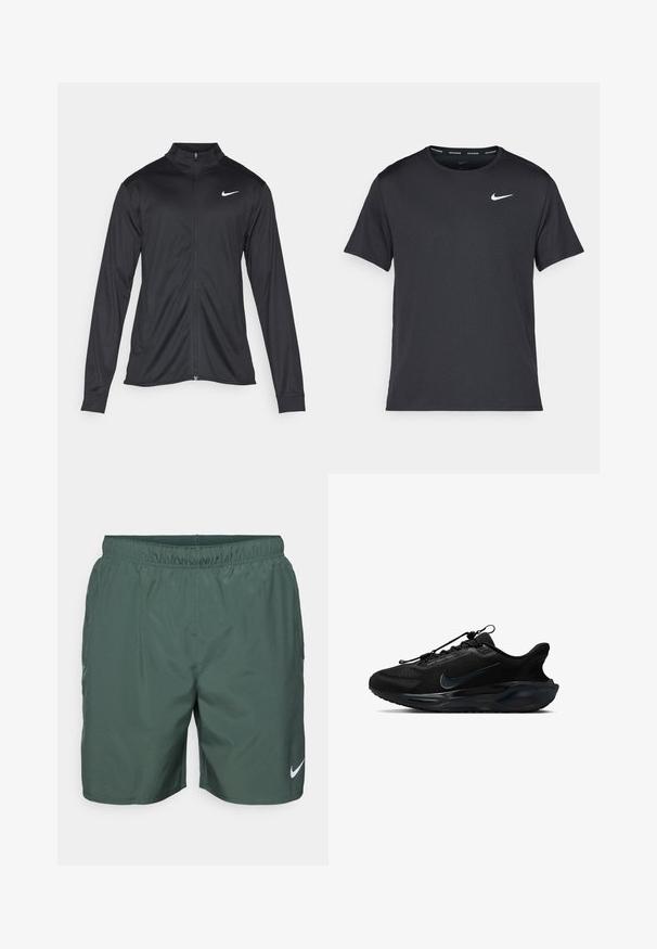 Jacket desportivo preto com mangas longas, colarinho e fecho zip completo. Apresenta um discreto logotipo da Nike em branco na parte superior do lado esquerdo do peito. Textura suave.; T-shirt de corrida Nike preto, feito de material leve e respirável, com mangas curtas e um pequeno logo branco no peito.; Nike Performance CHALLENGER SHORT - Calções desportivos - vintage green/bicoastal/black/silver; Sapatos atléticos pretos com um cabedal em malha texturizada, detalhes suaves e um logótipo Nike distinto. Apresenta uma sola acolchoada e cordões elásticos.