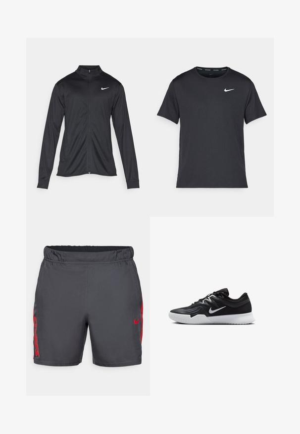Jacket desportivo preto com mangas longas, colarinho e fecho zip completo. Apresenta um discreto logotipo da Nike em branco na parte superior do lado esquerdo do peito. Textura suave.; T-shirt de corrida Nike preto, feito de material leve e respirável, com mangas curtas e um pequeno logo branco no peito.; Calções atléticos cinzentos feitos de um tecido leve, com um cós elástico e detalhes vermelhos nas laterais, com "CHIEFS" impresso em negrito.; Sapatilha atlética preta com um cabedal texturizado, swoosh branco da Nike e uma sola de borracha branca. Apresenta um design com atacadores e uma forma dinâmica.