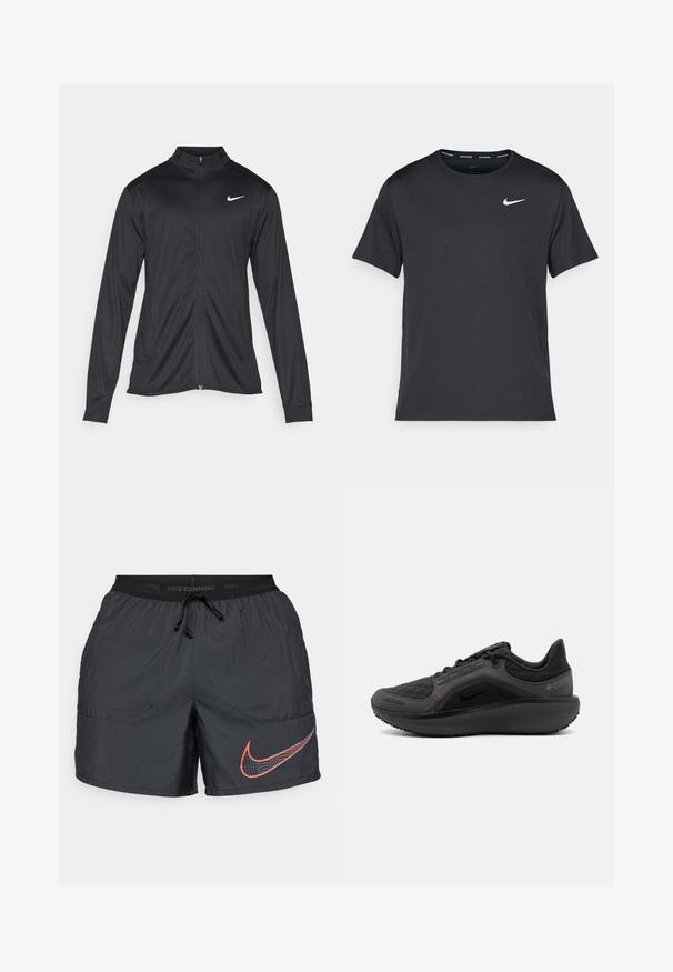 Jachetă sportivă neagră cu mâneci lungi, guler și fermoar complet. Prezintă un logo Nike subtil, alb, pe pieptul din stânga sus. Textură netedă.; Tricou de alergare Nike negru, fabricat dintr-un material ușor și respirabil, cu mâneci scurte și un mic logo alb pe piept.; Şorturi de alergare negre Nike cu talie ajustabilă cu șnur și un logo mare roșu și alb al swoosh-ului Nike pe piciorul stâng.; Pantof de sport negru cu un superior texturat, matlasat, design elegant și talpă din cauciuc negru. Dispune de un logo vizibil și branding Gore-Tex.