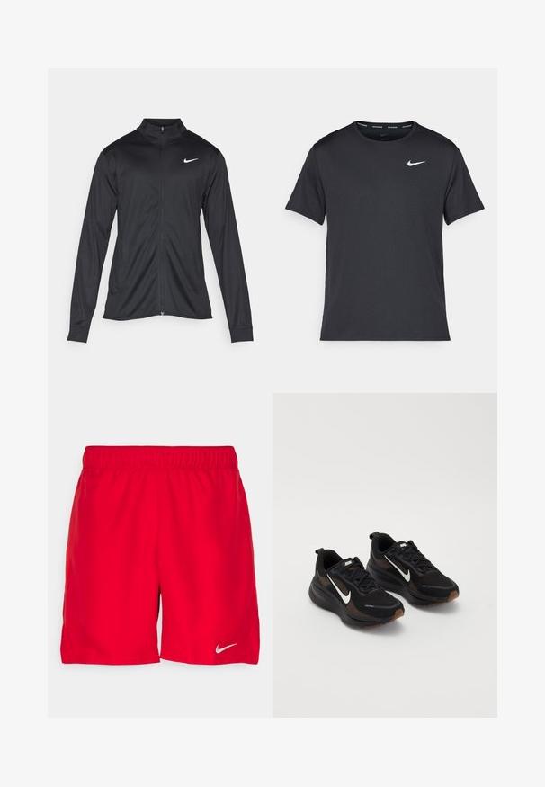 Musta urheilutakki pitkillä hihoilla, kauluksella ja kokonaisella vetoketjulla. Täydentää hienovarainen Nike-logo valkoisena vasemmassa ylärinnassa. Litteä pinta.; Musta Nike juoksupaita, joka on valmistettu kevyestä ja hengittävästä materiaalista. Paidassa on lyhyet hihnat ja pieni valkoinen logo rinnassa.; Punaiset urheilushortsit, joissa on joustava vyötärö, jotka on valmistettu kevyestä kankaasta. Vasemmassa alareunassa on pieni hopeinen Nike-logo.; Mustat urheilukengät, joissa on hengittävä verkkomateriaali, valkoinen Nike-logoelementti, teksturoitu pohja ja erottuvat ruskeat yksityiskohdat. Sisältää vahvistetun kantapään.