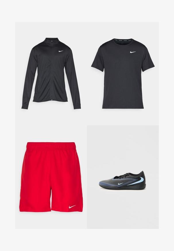 Melna sporta jaka ar garām piedurknēm, apkakli un pilnu rāvējslēdzēju. Uz kreisā krūts augšdaļas ir maigs Nike logo baltā krāsā. Gluda tekstūra.; Melna Nike skriešanas T-kreklā, kas izgatavots no viegla un elpojoša materiāla, ar īsām piedurknēm un mazu baltu logo uz krūtīm.; Sarkanie sporta šorti ar elastīgu jostu, izgatavoti no viegla auduma. Uz apakšējās kreisās malas ir neliels sudraba Nike logo.; Melna un zila zema profila sporta apavu pāris ar teksturētu virsmu, melnām šņorēm un gaiši zilām Nike žilbinošām logrām sānos un zolē.