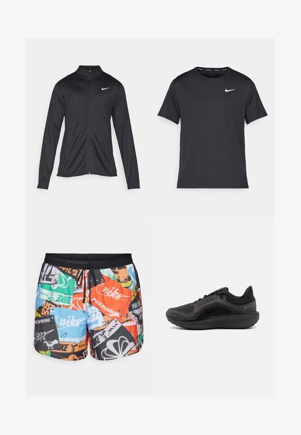 Juodas sportinis švarkas su ilgomis rankovėmis, apykakle ir pilnu užtrauktuku. Yra subtilus baltas Nike logotipas kairėje krūtinės pusėje. Lygus tekstūra.; Juodas Nike bėgimo marškinėlis, pagamintas iš lengvos, kvėpuojančios medžiagos, turintis trumpas rankoves ir mažą baltą logotipą ant krūtinės.; Nike Performance STRIDE RUN ENERGY - Sportiniai šortai - total orange/black/reflective silver; Juodas sportinis batelis su tekstūruota siuvinėta viršutine dalimi, elegantiškas dizainas ir juodas guminis pagrindas. Rodyklė matoma logotipo ir Gore-Tex prekės ženklo.