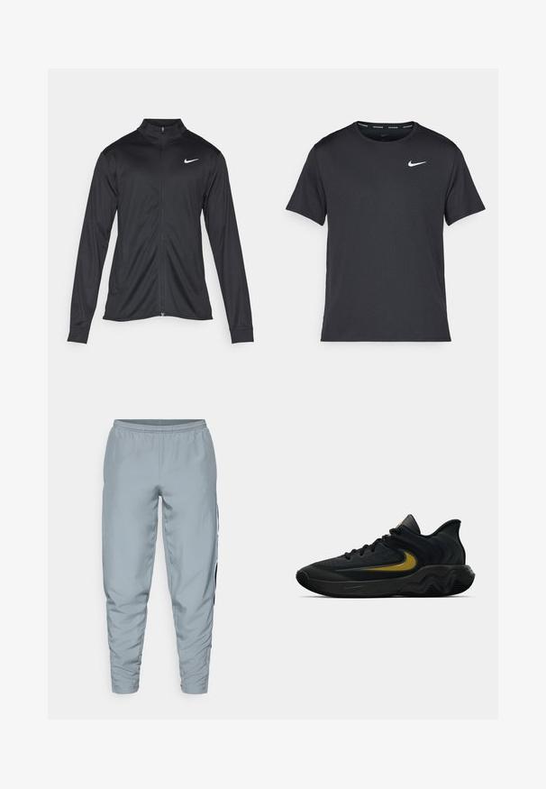Fekete sportdzseki hosszú ujjal, gallérral és teljes cipzárral. Diszkrét fehér Nike logóval az upper bal mellen. Sima textúra.; Fekete Nike futó póló, könnyű, légáteresztő anyagból készült, rövid ujjú, és a mellkasán egy kicsi fehér logó található.; Világosszürke sportnadrág, rugalmas derékkal, szűkített lábszárral és fekete oldalsávokkal az extra részletesség érdekében. Simaflúgos, könnyű anyag.; Fekete és sötétszürke sportcipő fekete fűzővel és arany swoosh logóval, hullámos talpformával és párnázott sarokpánttal.