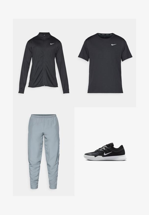 Svart idrettsjakke med lange ermer, krage og full glidelås. Har en subtil Nike-logo i hvitt på øvre venstre bryst. Glatt tekstur.; Svart Nike løpe-T-skjorte laget av lett, pustende stoff, med korte ermer og en liten hvit logo på brystet.; Lysegrå treningsbukser med elastisk midje, smalnende ben og svarte side striper for ekstra detaljer. Glatt, lett stoff.; Svart treningssko med teksturert overdel, hvit Nike-swoosh og hvit gummisåle. Har snøring og en dynamisk form.