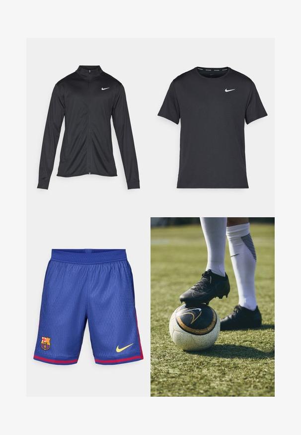 Zwarte sportjack met lange mouwen, kraag en volle rits. Voorzien van een subtiele Nike-logo in het wit op de bovenste linkerborst. Soepele textuur.; Zwarte Nike hardloop T-shirt gemaakt van lichtgewicht, ademend materiaal, met korte mouwen en een klein wit logo op de borst.; Blauwe voetbalshorts van meshstof, met een gestreepte rode zijaccent, het Barcelona-logo en de gele Nike-swoosh.; Zwarte voetbalschoen op een wit en zwart gemusterd voetbals, rustend op groen gras. De schoen heeft een gestructureerd materiaal en veters.